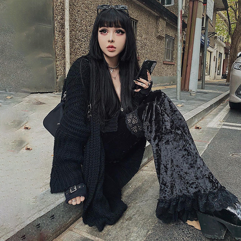 Pantalones Góticos Acampanados ️ – Tiro Alto con Encaje Oscuro
