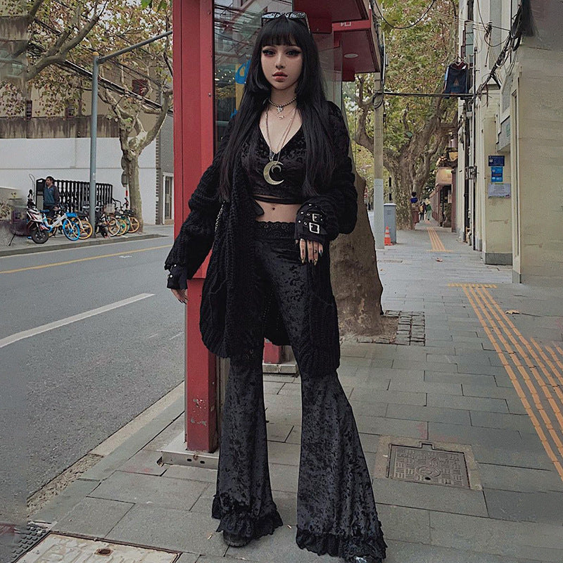 Pantalones Góticos Acampanados ️ – Tiro Alto con Encaje Oscuro